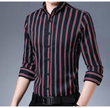 Men's Non-iron Stretch Long Sleeve Striped Dress Shirts Smart Casual Smooth Material Standard-fit Youthful Button-down Shirt