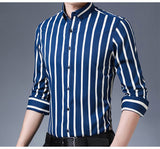 Men's Non-iron Stretch Long Sleeve Striped Dress Shirts Smart Casual Smooth Material Standard-fit Youthful Button-down Shirt