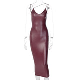 Dulzura Pu Faux Leather Women Slit Midi Dress Strap V Neck Backless Bodycon Sexy Streetwear Party Elegant Autumn Winter Club