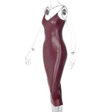 Dulzura Pu Faux Leather Women Slit Midi Dress Strap V Neck Backless Bodycon Sexy Streetwear Party Elegant Autumn Winter Club