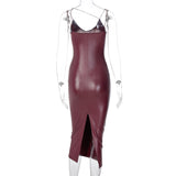 Dulzura Pu Faux Leather Women Slit Midi Dress Strap V Neck Backless Bodycon Sexy Streetwear Party Elegant Autumn Winter Club
