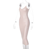 Dulzura Pu Faux Leather Women Slit Midi Dress Strap V Neck Backless Bodycon Sexy Streetwear Party Elegant Autumn Winter Club