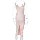 Dulzura Pu Faux Leather Women Slit Midi Dress Strap V Neck Backless Bodycon Sexy Streetwear Party Elegant Autumn Winter Club