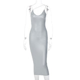 Dulzura Pu Faux Leather Women Slit Midi Dress Strap V Neck Backless Bodycon Sexy Streetwear Party Elegant Autumn Winter Club