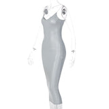 Dulzura Pu Faux Leather Women Slit Midi Dress Strap V Neck Backless Bodycon Sexy Streetwear Party Elegant Autumn Winter Club