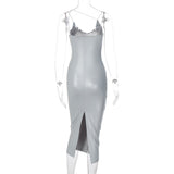 Dulzura Pu Faux Leather Women Slit Midi Dress Strap V Neck Backless Bodycon Sexy Streetwear Party Elegant Autumn Winter Club