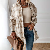 Autumn Spring Long Plaid Shirt Women Casual White Long Sleeve Pocket Button Up Collared Shirt Top Clothes Fashion New 2021 Fall