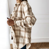 Autumn Spring Long Plaid Shirt Women Casual White Long Sleeve Pocket Button Up Collared Shirt Top Clothes Fashion New 2021 Fall