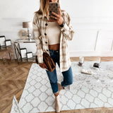 Autumn Spring Long Plaid Shirt Women Casual White Long Sleeve Pocket Button Up Collared Shirt Top Clothes Fashion New 2021 Fall