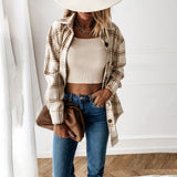 Autumn Spring Long Plaid Shirt Women Casual White Long Sleeve Pocket Button Up Collared Shirt Top Clothes Fashion New 2021 Fall