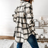 Autumn Spring Long Plaid Shirt Women Casual White Long Sleeve Pocket Button Up Collared Shirt Top Clothes Fashion New 2021 Fall