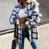 Autumn Spring Long Plaid Shirt Women Casual White Long Sleeve Pocket Button Up Collared Shirt Top Clothes Fashion New 2021 Fall