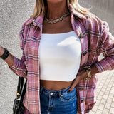 Autumn Spring Long Plaid Shirt Women Casual White Long Sleeve Pocket Button Up Collared Shirt Top Clothes Fashion New 2021 Fall