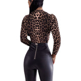 Sexy Leopard Print Bodysuits Women Long Sleeve Deep V-neck Pleated One-piece Slim Rompers Autumn Jumpsuit Leotard Tops Body Suit