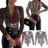 Sexy Leopard Print Bodysuits Women Long Sleeve Deep V-neck Pleated One-piece Slim Rompers Autumn Jumpsuit Leotard Tops Body Suit