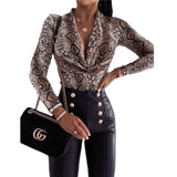 Sexy Leopard Print Bodysuits Women Long Sleeve Deep V-neck Pleated One-piece Slim Rompers Autumn Jumpsuit Leotard Tops Body Suit