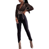 Sexy Leopard Print Bodysuits Women Long Sleeve Deep V-neck Pleated One-piece Slim Rompers Autumn Jumpsuit Leotard Tops Body Suit