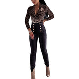 Sexy Leopard Print Bodysuits Women Long Sleeve Deep V-neck Pleated One-piece Slim Rompers Autumn Jumpsuit Leotard Tops Body Suit
