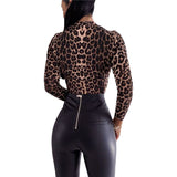 Sexy Leopard Print Bodysuits Women Long Sleeve Deep V-neck Pleated One-piece Slim Rompers Autumn Jumpsuit Leotard Tops Body Suit
