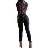 Sexy Leopard Print Bodysuits Women Long Sleeve Deep V-neck Pleated One-piece Slim Rompers Autumn Jumpsuit Leotard Tops Body Suit