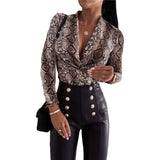 Sexy Leopard Print Bodysuits Women Long Sleeve Deep V-neck Pleated One-piece Slim Rompers Autumn Jumpsuit Leotard Tops Body Suit