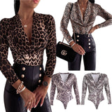 Sexy Leopard Print Bodysuits Women Long Sleeve Deep V-neck Pleated One-piece Slim Rompers Autumn Jumpsuit Leotard Tops Body Suit