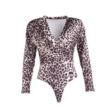 Sexy Leopard Print Bodysuits Women Long Sleeve Deep V-neck Pleated One-piece Slim Rompers Autumn Jumpsuit Leotard Tops Body Suit