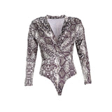 Sexy Leopard Print Bodysuits Women Long Sleeve Deep V-neck Pleated One-piece Slim Rompers Autumn Jumpsuit Leotard Tops Body Suit