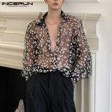 Fashion Men Mesh Shirt Transparent Long Sleeve Printed Lapel Loose Streetwear Blouse Party Clubwear Casual Casmia S-5XL INCERUN