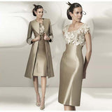 Exquisite Bronze Square Neckline Flowers Short Sleeve Mother of the Bride Dresses With Jacket Wedding Party Gowns Knee Length