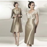 Exquisite Bronze Square Neckline Flowers Short Sleeve Mother of the Bride Dresses With Jacket Wedding Party Gowns Knee Length