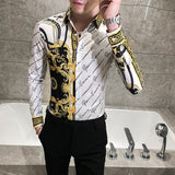 Autumn Man Vintage Printed Social Black Shirts Luxury Men's White Slim Fit Long Sleeve Dress Shirt Fashion Casual Chemise Homme