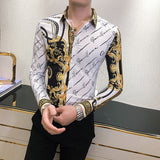 Autumn Man Vintage Printed Social Black Shirts Luxury Men's White Slim Fit Long Sleeve Dress Shirt Fashion Casual Chemise Homme
