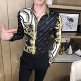 Autumn Man Vintage Printed Social Black Shirts Luxury Men's White Slim Fit Long Sleeve Dress Shirt Fashion Casual Chemise Homme