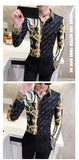 Autumn Man Vintage Printed Social Black Shirts Luxury Men's White Slim Fit Long Sleeve Dress Shirt Fashion Casual Chemise Homme