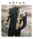 Autumn Man Vintage Printed Social Black Shirts Luxury Men's White Slim Fit Long Sleeve Dress Shirt Fashion Casual Chemise Homme