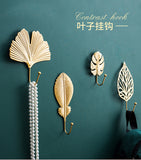 Nordic Wall Hooks for Hanging Clothes No-punch Wall Hanger Coat Key Hook Iron Art Wall Decorations Golden Leaves home storage