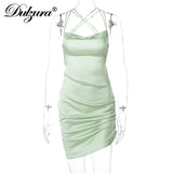 Dulzura Satin Women Strap Mini Dress Ruched Lace Up Cross Bandage Backless Bodycon Sexy Party Elegant 2020 Club Christmas Slim