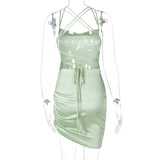 Dulzura Satin Women Strap Mini Dress Ruched Lace Up Cross Bandage Backless Bodycon Sexy Party Elegant 2020 Club Christmas Slim