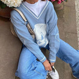 Rapcopter Y2K Sweaters Skulls Pullovers V Neck Knitwear Loose Casual Knitted Tops Women Streetwear Retro Tops Blue 2020 Autumn