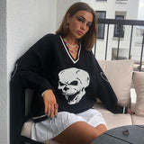 Rapcopter Y2K Sweaters Skulls Pullovers V Neck Knitwear Loose Casual Knitted Tops Women Streetwear Retro Tops Blue 2020 Autumn
