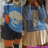 Rapcopter Y2K Sweaters Skulls Pullovers V Neck Knitwear Loose Casual Knitted Tops Women Streetwear Retro Tops Blue 2020 Autumn