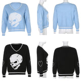 Rapcopter Y2K Sweaters Skulls Pullovers V Neck Knitwear Loose Casual Knitted Tops Women Streetwear Retro Tops Blue 2020 Autumn