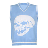 Rapcopter Y2K Sweaters Skulls Pullovers V Neck Knitwear Loose Casual Knitted Tops Women Streetwear Retro Tops Blue 2020 Autumn