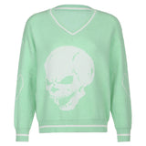 Rapcopter Y2K Sweaters Skulls Pullovers V Neck Knitwear Loose Casual Knitted Tops Women Streetwear Retro Tops Blue 2020 Autumn