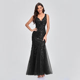 Sleeveless V-neck Tulle Sequins Cocktail Dresses V-back Mermaid Party Prom Gowns Women Formal Occasion Embroidered Robe Vestioes