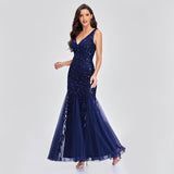 Sleeveless V-neck Tulle Sequins Cocktail Dresses V-back Mermaid Party Prom Gowns Women Formal Occasion Embroidered Robe Vestioes