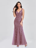 Sleeveless V-neck Tulle Sequins Cocktail Dresses V-back Mermaid Party Prom Gowns Women Formal Occasion Embroidered Robe Vestioes