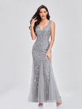 Sleeveless V-neck Tulle Sequins Cocktail Dresses V-back Mermaid Party Prom Gowns Women Formal Occasion Embroidered Robe Vestioes