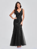 Sleeveless V-neck Tulle Sequins Cocktail Dresses V-back Mermaid Party Prom Gowns Women Formal Occasion Embroidered Robe Vestioes